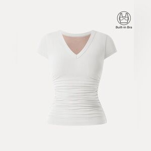 Eco-SkinKiss®
Elevated V-neck Side Ruched Cap Sleeve Brami Tee